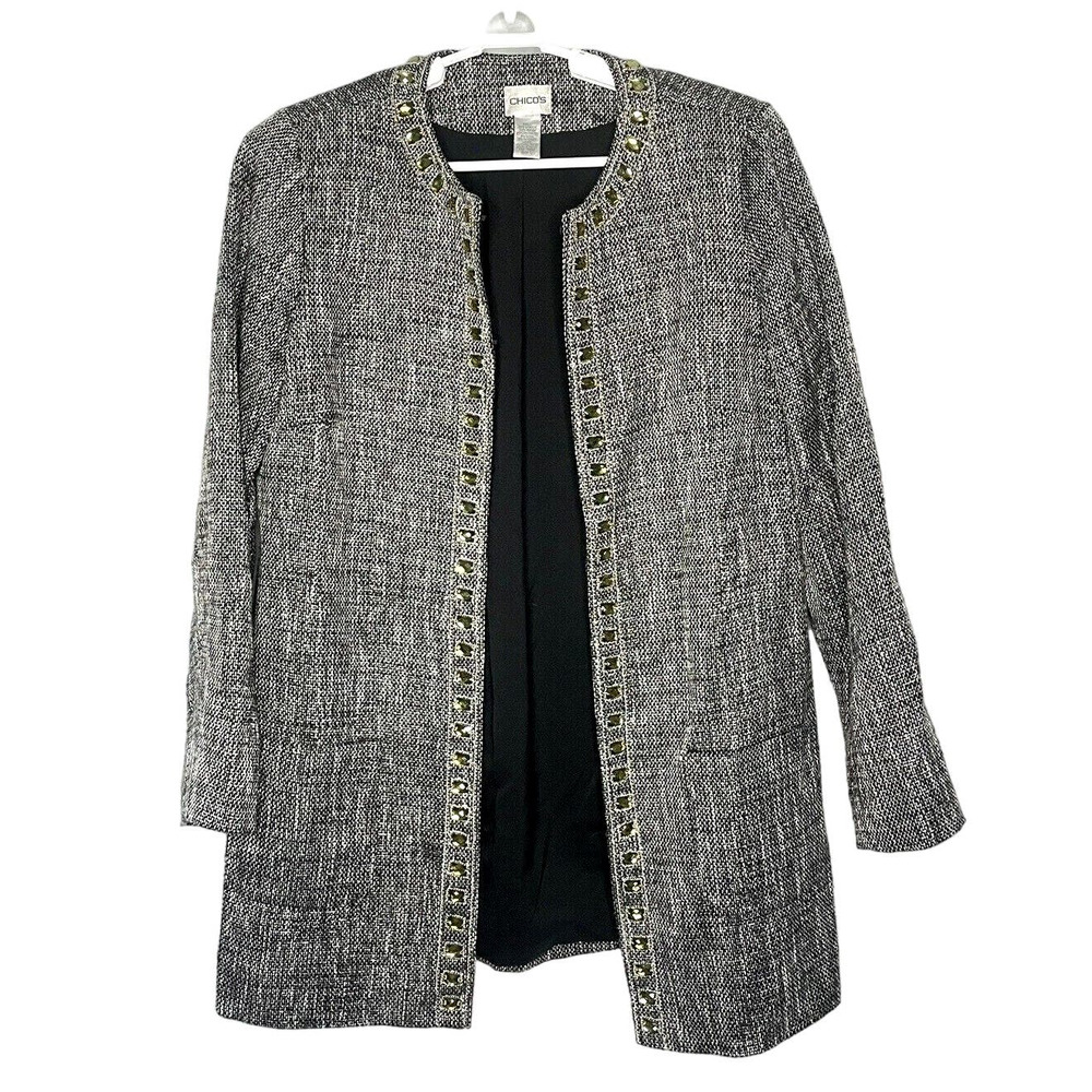 Chico's Womens Ladies Black Silver Metallic Jeweled Trim Suit Jacket Size 1 US 8